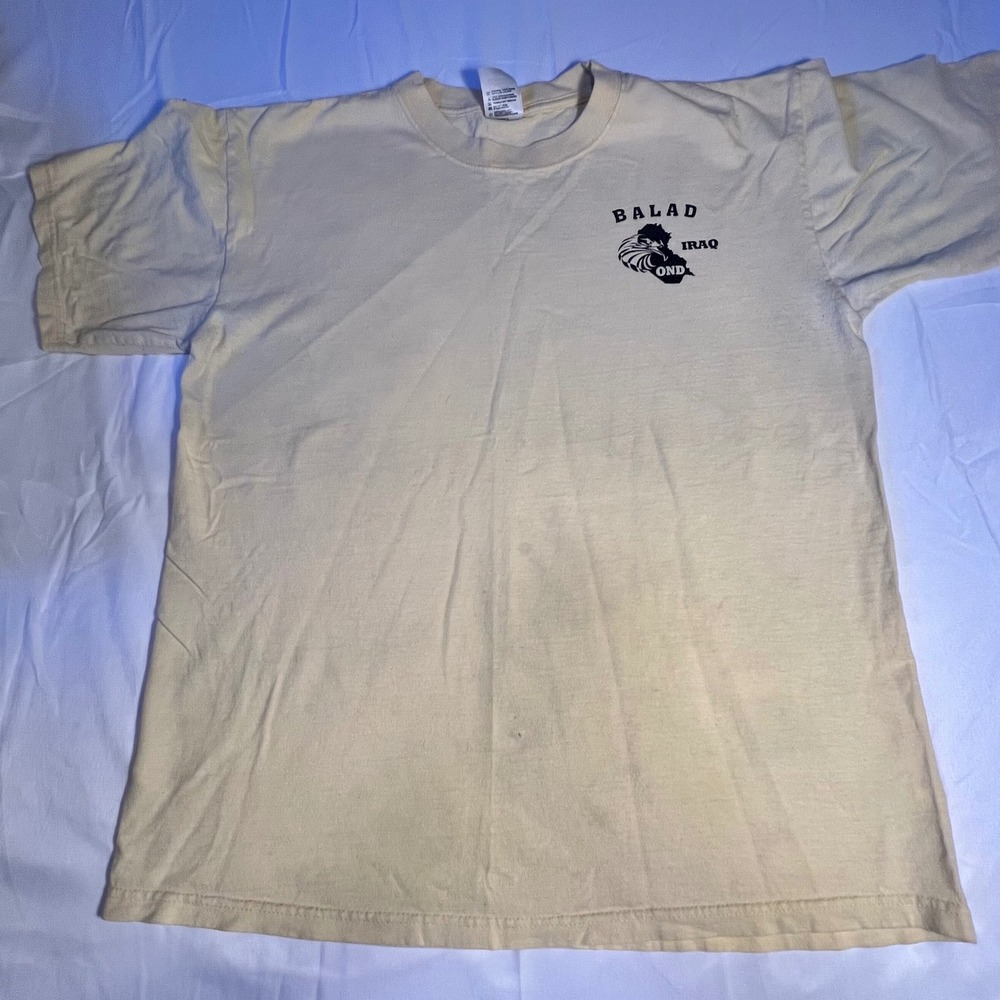Anvil Large T-Shirt Mens Tan Leaving Balad Iraq War OND Military Graphic Veteran